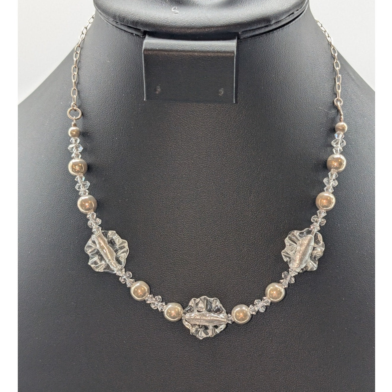 VTG 925 Sterling Silver Bead & Ruffled Foil Glass Bead Crystal 18" Necklace