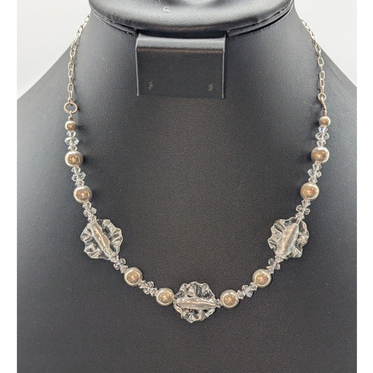 VTG 925 Sterling Silver Bead & Ruffled Foil Glass Bead Crystal 18" Necklace