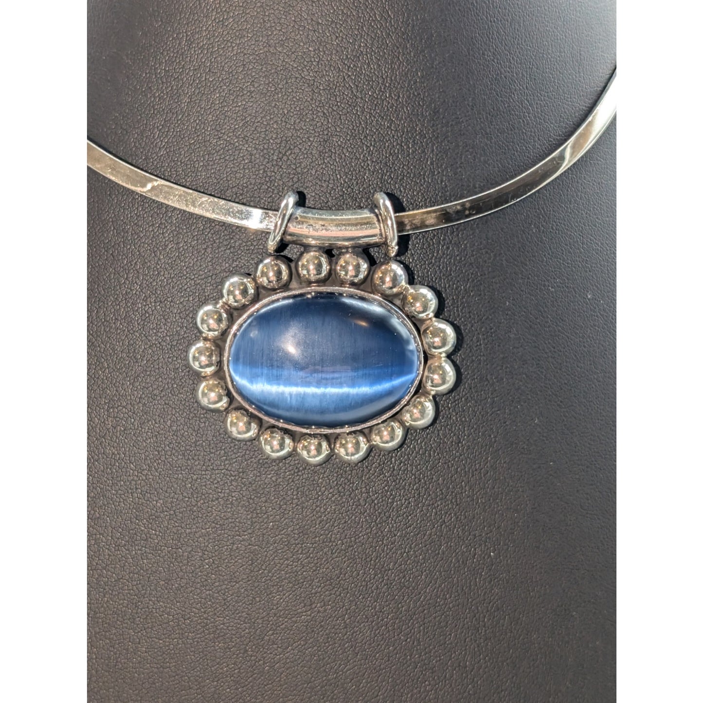 Vintage Taxco Large Blue Cat's Eye 950 Silver Pendant on Sterling Taxco Torque