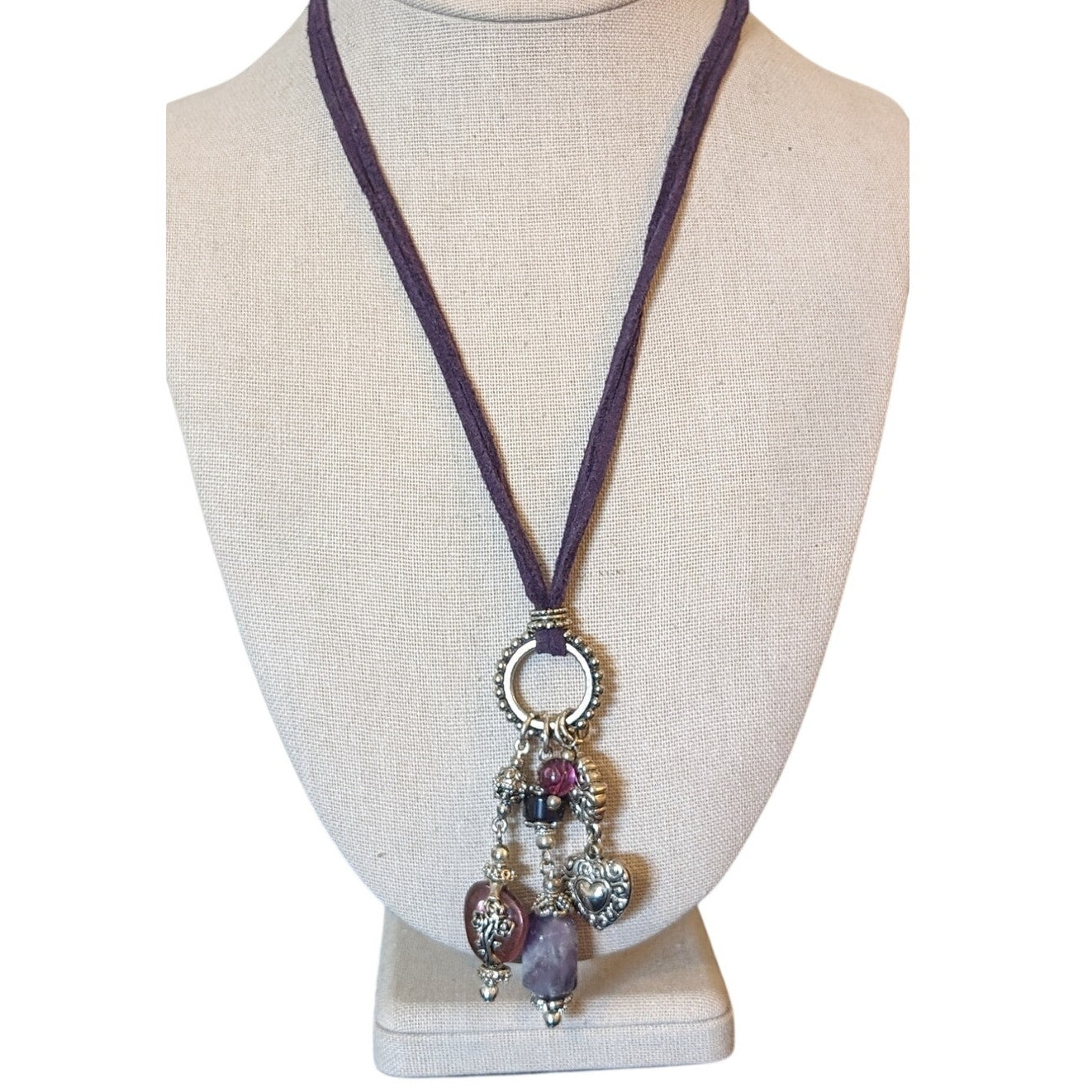 Vintage Purple Leather Bold Amethyst & Glass Silver Tone Charm Necklace