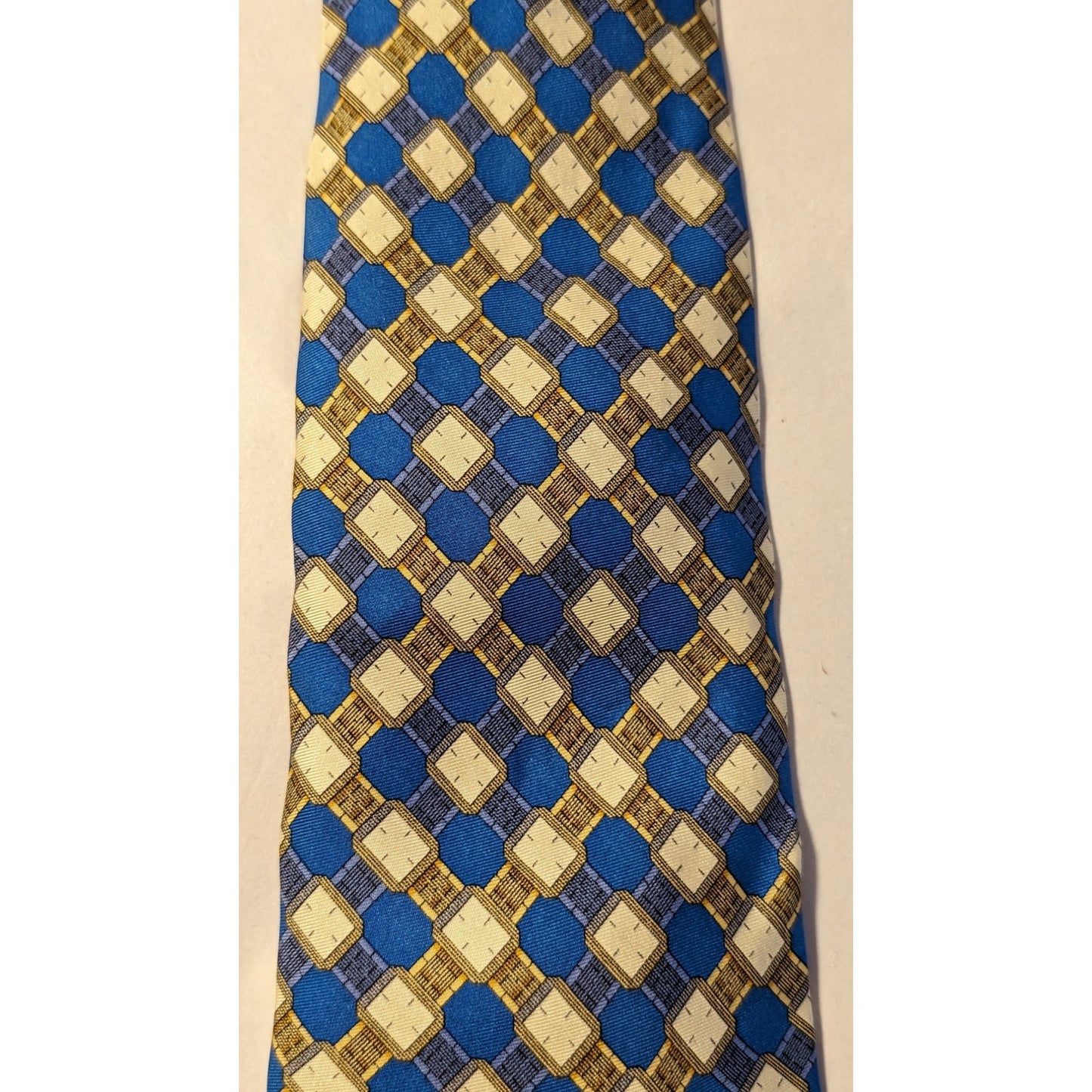 Piaget Silk Vintage 100% Silk Blue Gold Geometric Design Neck Tie