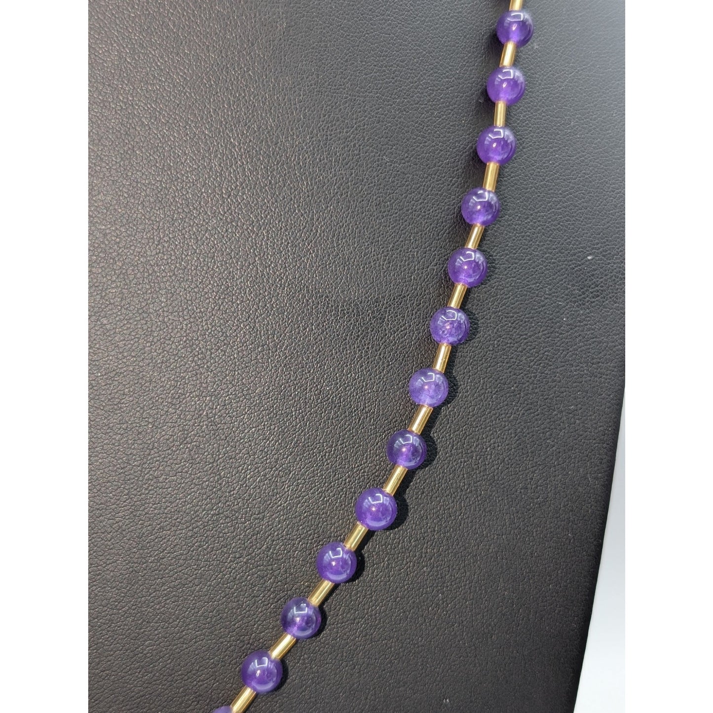 Amethyst Stone & Faceted Crystal Center Bead Gold Tone Toggle Clasp 28" Necklace