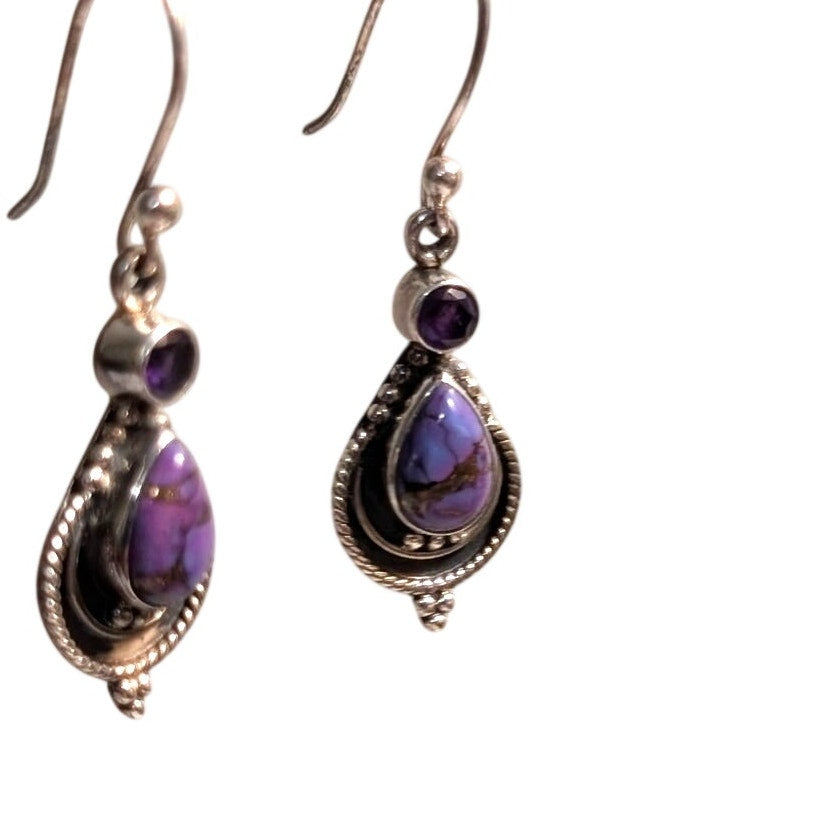 Vtg Purple Stone Purple Amethyst Gemstone 925 Sterling Silver Dangle Earrings