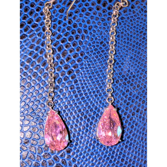Marked EC 925 Sterling Silver Long Dangle Pink Teardrop Crystal Earrings