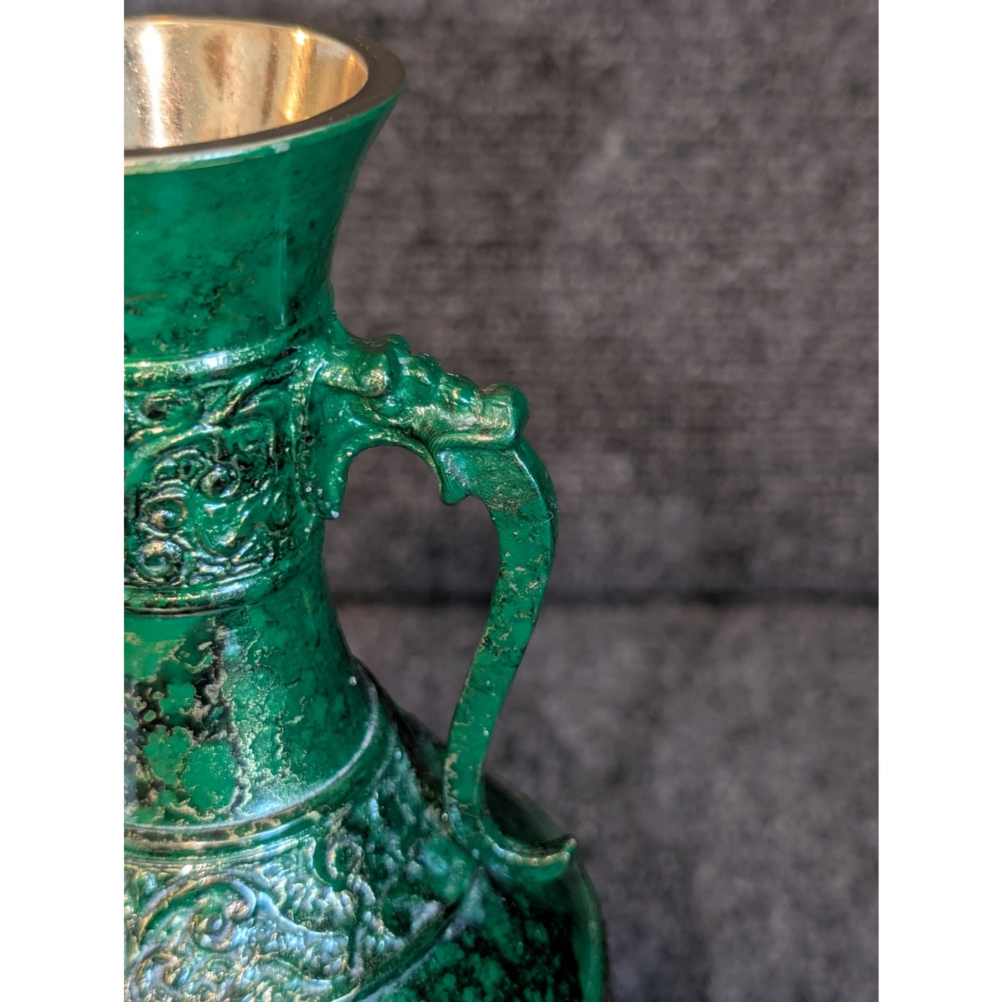 Vtg Japanese Embossed Shishi Brass Green Cast Metal Flower Vase