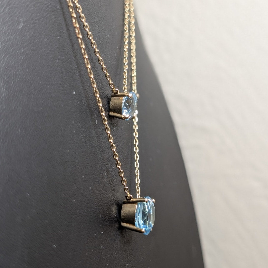 925 Turkey Sterling Vermeil Double Strand Blue Topaz Solitaire Pendant Necklace