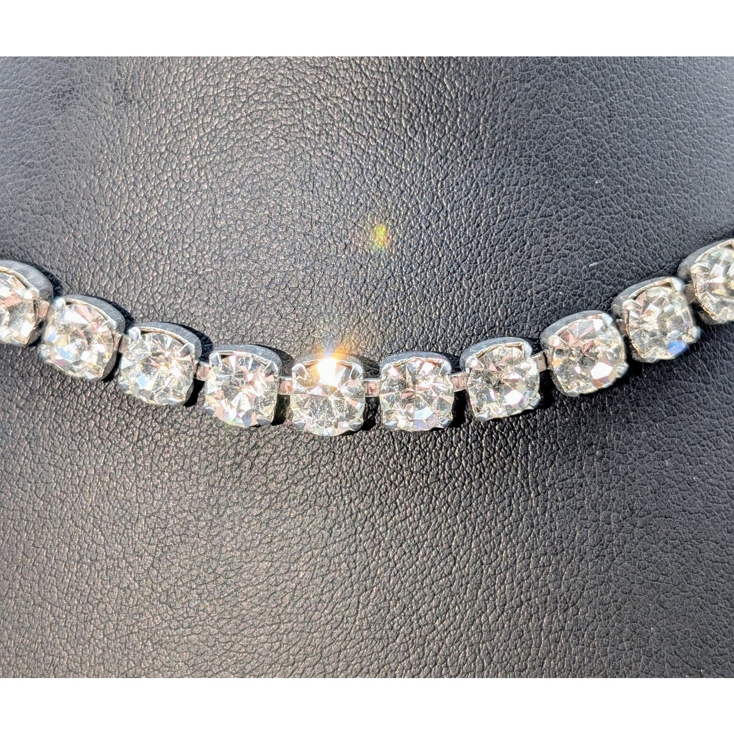 Vintage 12mm Rhinestone Silver Tone 12"-15" Choker Necklace