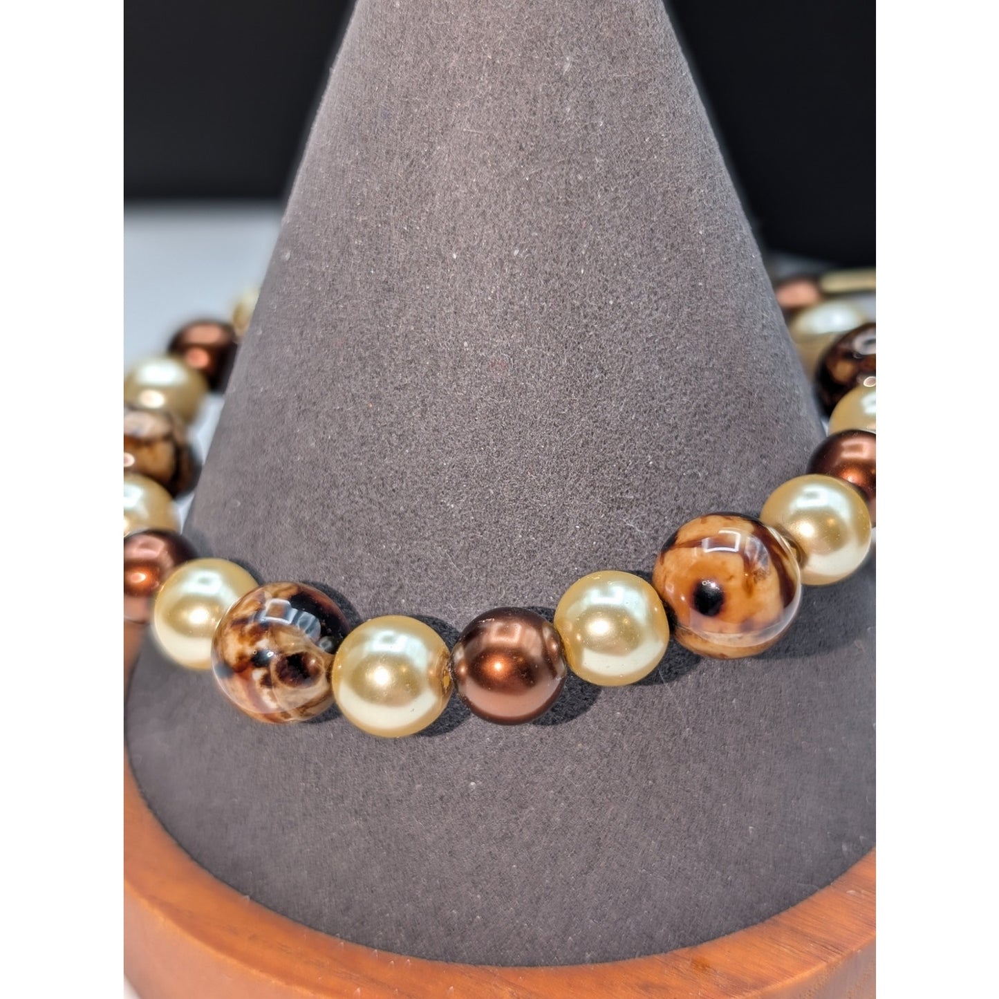 Gold Tone Faux Pearl Brown Stone Beaded Toggle Clasp Bracelet