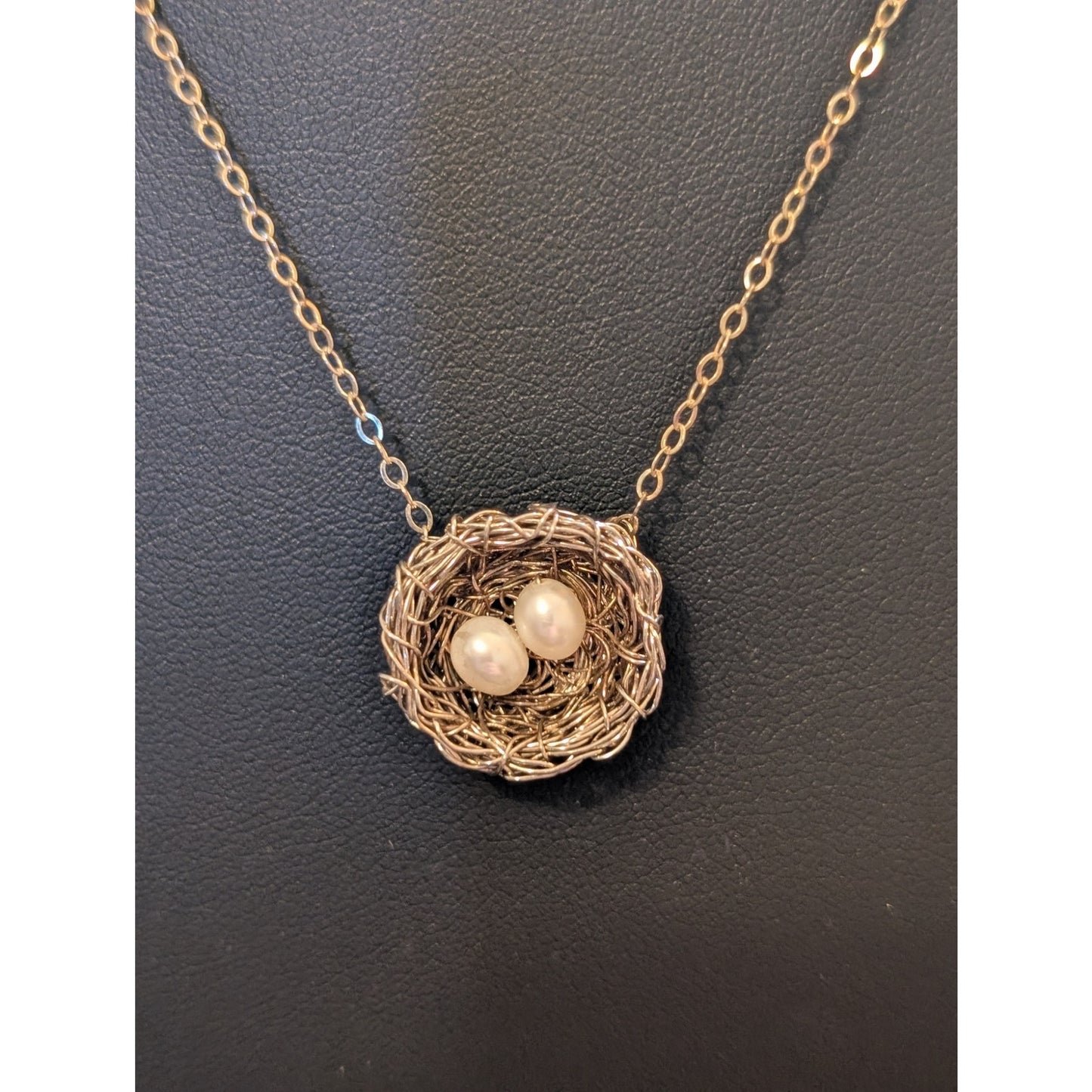 Precious Meshes 925 Sterling Hand Crocheted Wire Pearl Bird Nest Necklace
