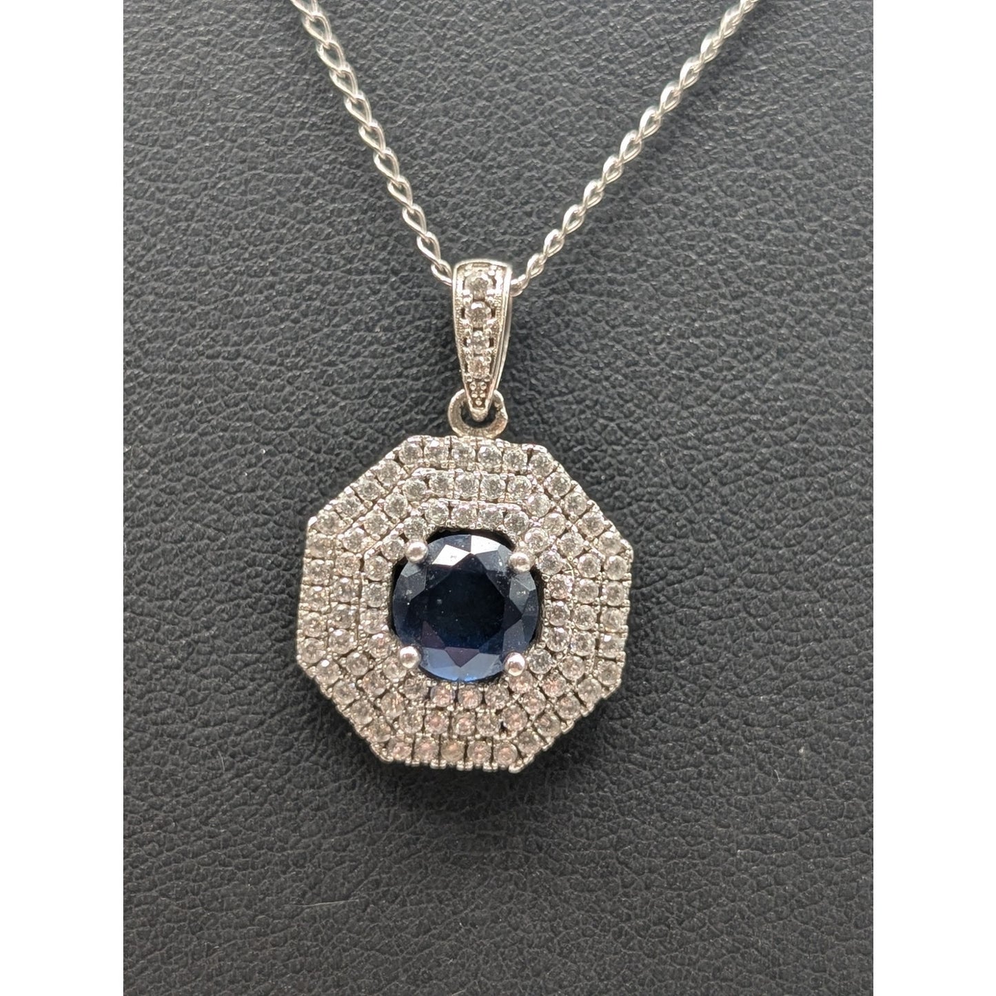 925 Sterling Silver Sapphire & Clear CZ Pendant 16.75" Necklace