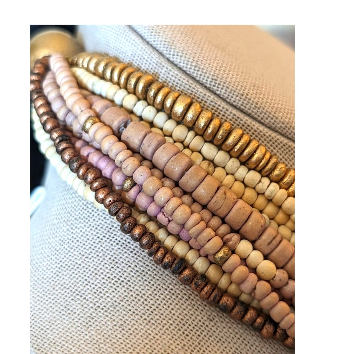 Vintage Twelve Strand Guilded Wood Bead Necklace W/ Hook Clasp