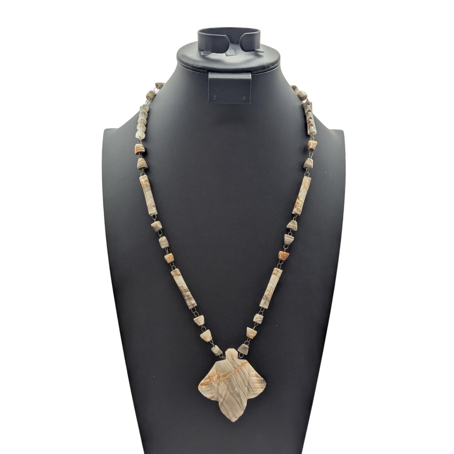 Vintage Mexican Carved Onyx Aztec Mayan Pendant Stone Over the Head 26" Necklace
