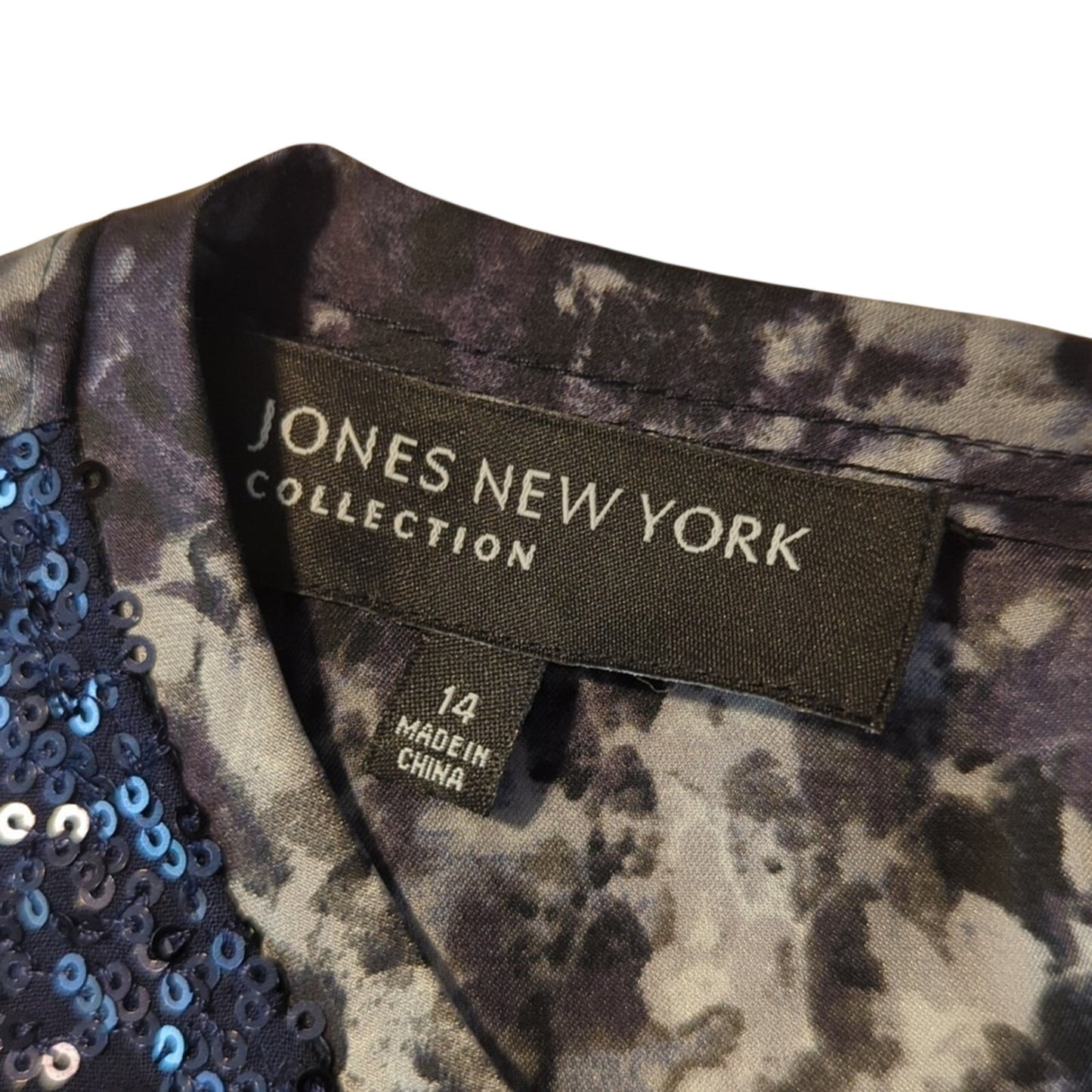 Jones New York Collection Navy Sequin Snakeskin Print Trim & Back Tank Size 14