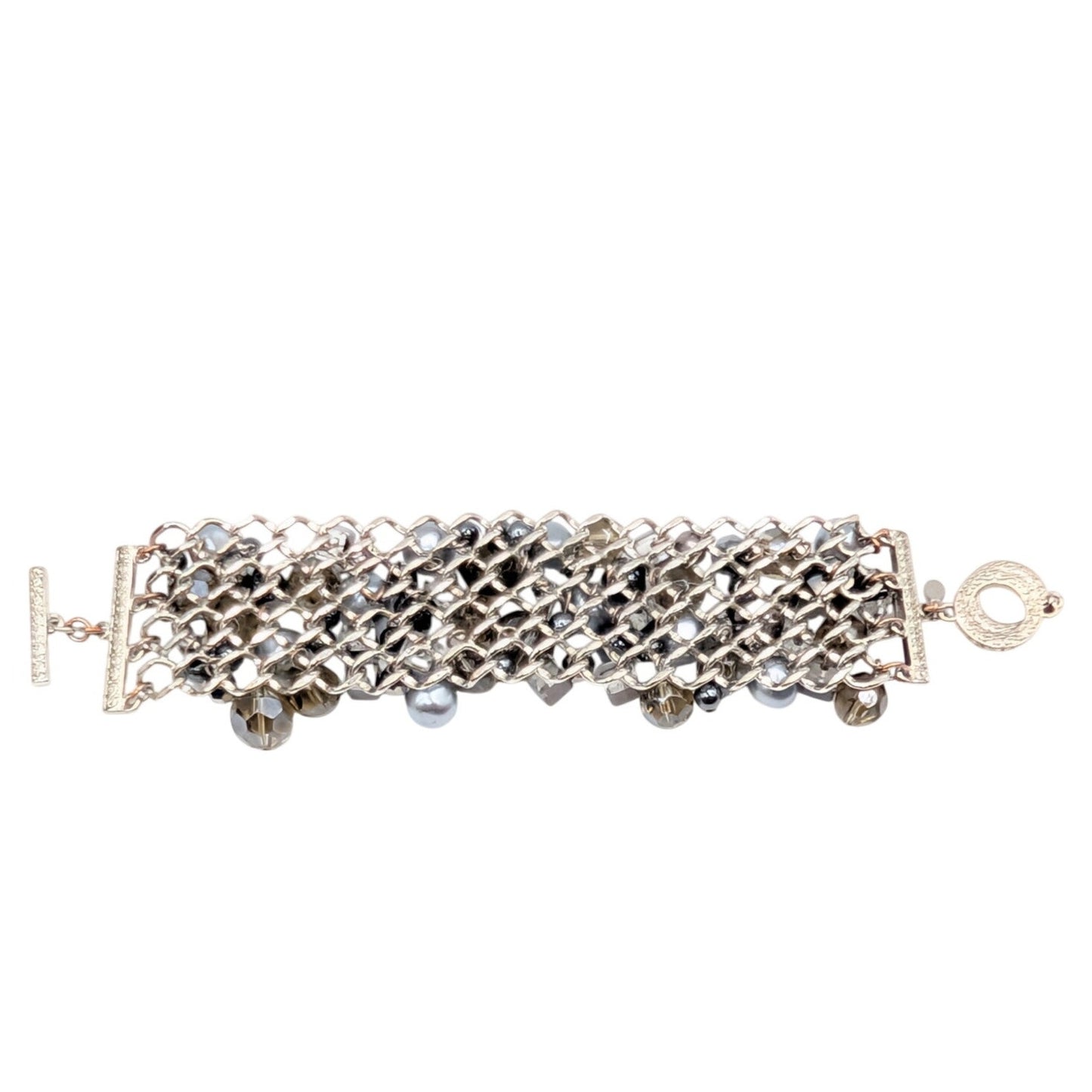 Premier Designs Silver Tone Metallic Faux Pearl Glass Crystal Toggle Bracelet