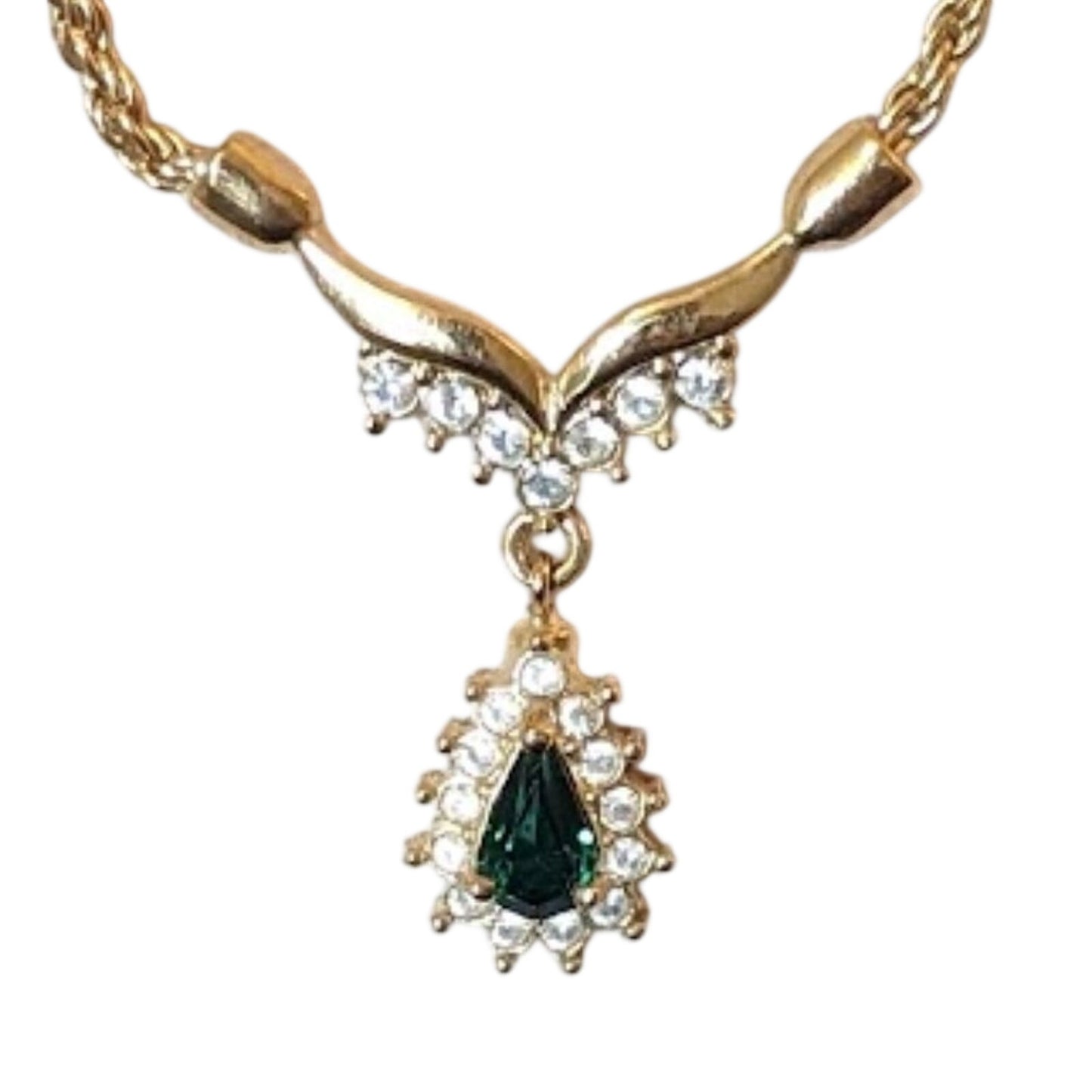 Vintage Marked Roman Gold Tone Green Stone Pave Pendant Chain Necklace