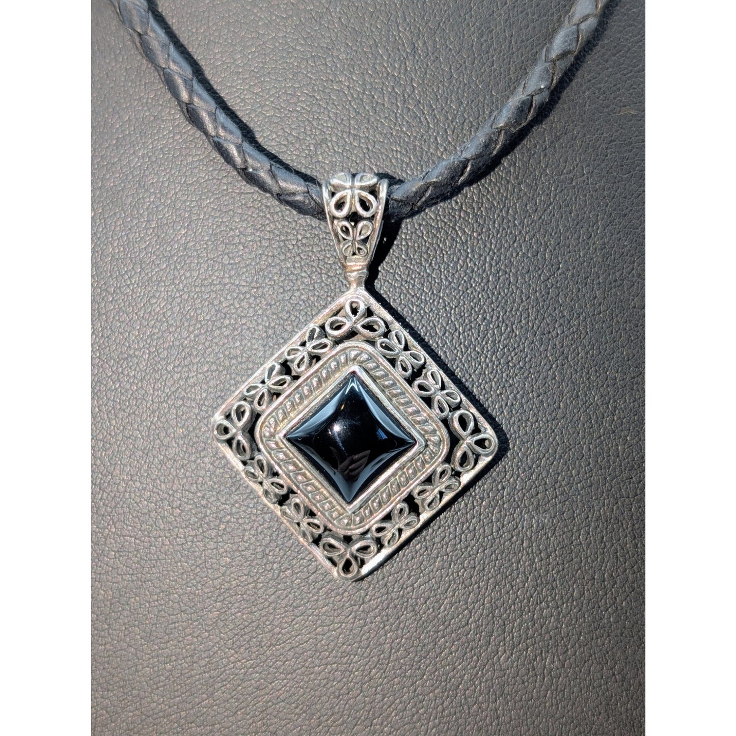 VTG 925 Sterling Silver Black Onyx Filigree Pendant Braided Leather 17" Necklace