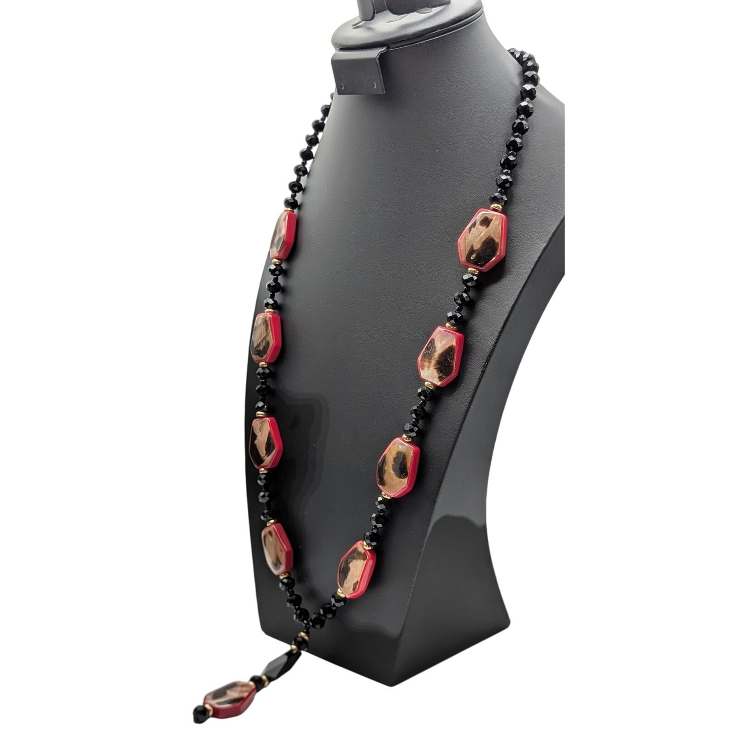Chico's Collectibles Black Glass Red Lucite Animal Print Shell Dangle Necklace