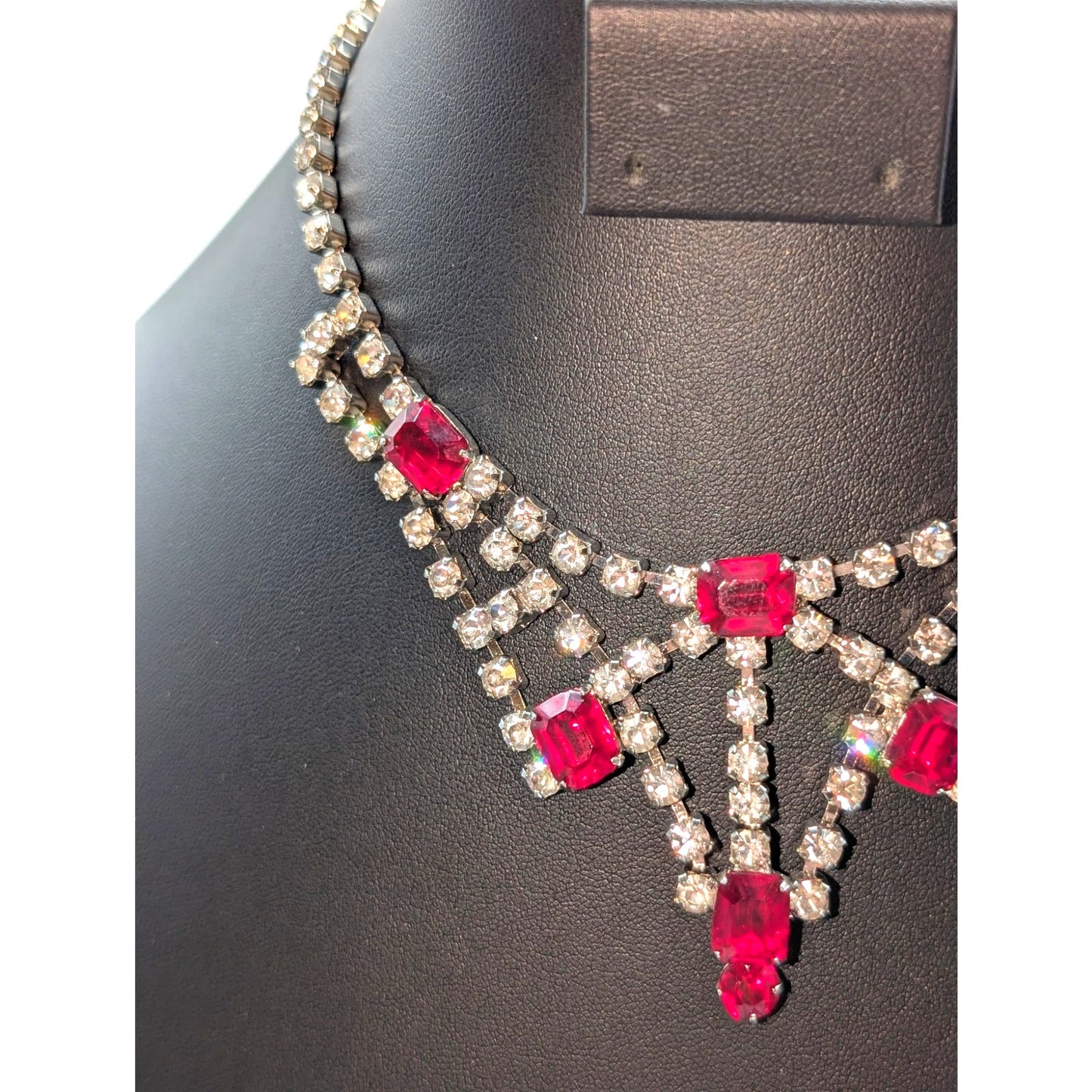 Vintage Red Ruby & Clear Rhinestone Collar Hook 15" Silver Tone Collar Necklace