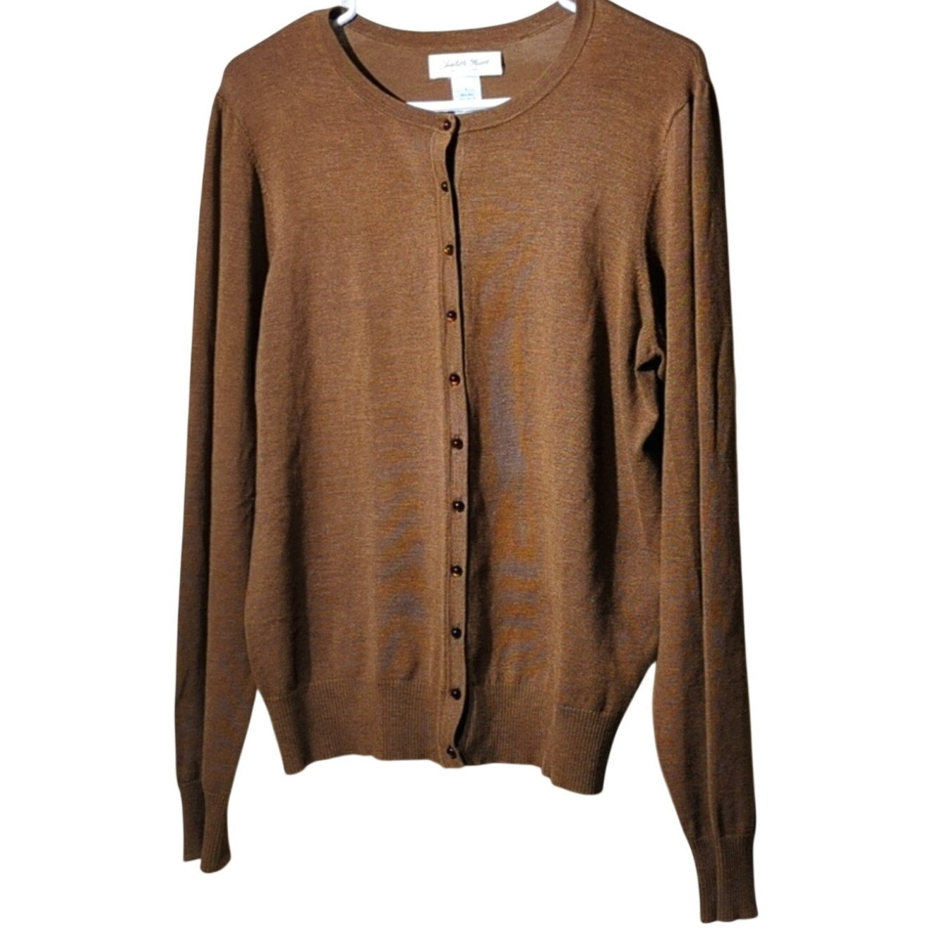 Judith Hart Brown Wide Ribbed Hem and Sleeved Silk Blend Cardigan Women's Sz L