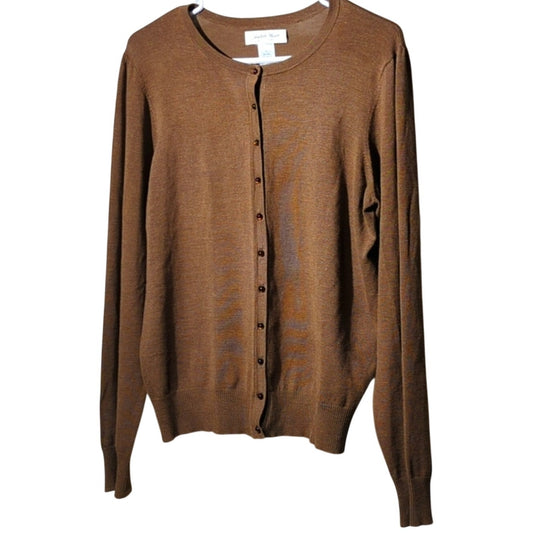 Judith Hart Brown Wide Ribbed Hem and Sleeved Silk Blend Cardigan Women's Sz L