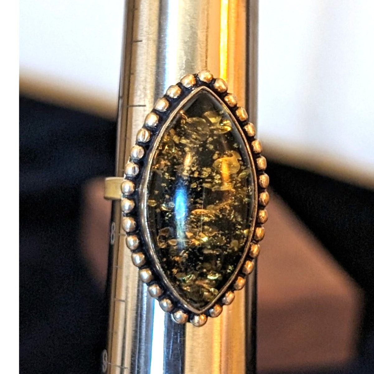 Vintage Baltic Green Amber 925 Sterling Silver Marquis Cut Ring Size 7.75