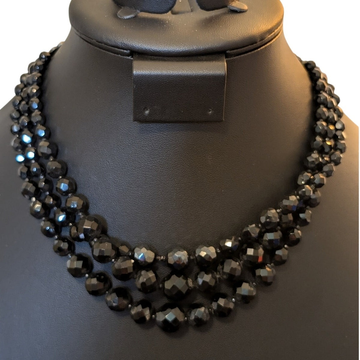 VTG 1950s Jonne by Schrager Three Strand Black Faceted Glass Beaded Necklace