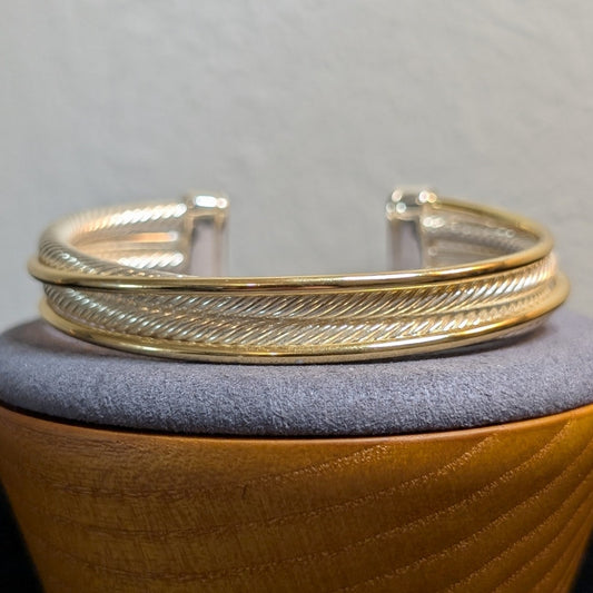 Double Two Tone Gold Bar Silver Rope Cuff Bracelet