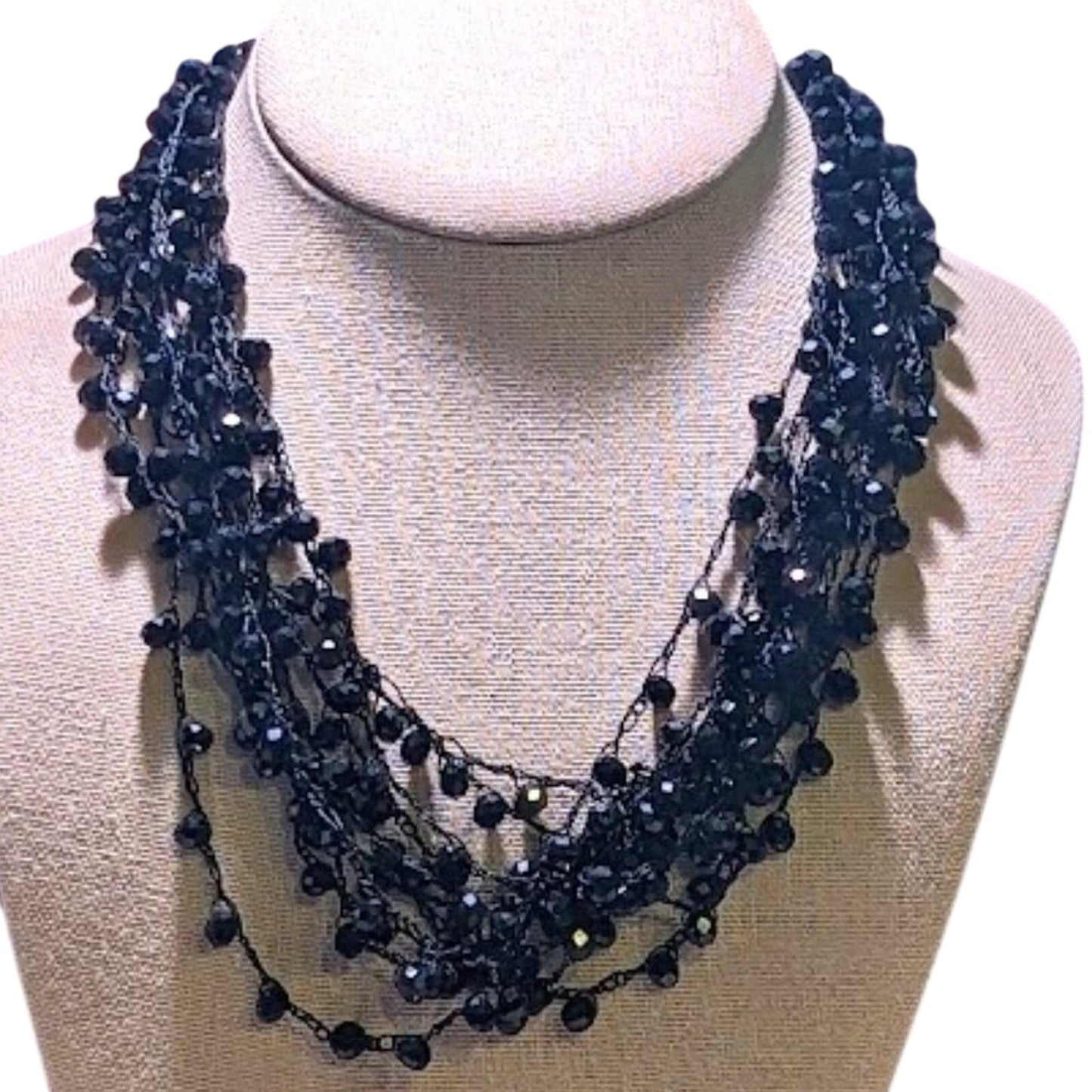 Black Crystal Crochet Beaded Necklace with Button Closure