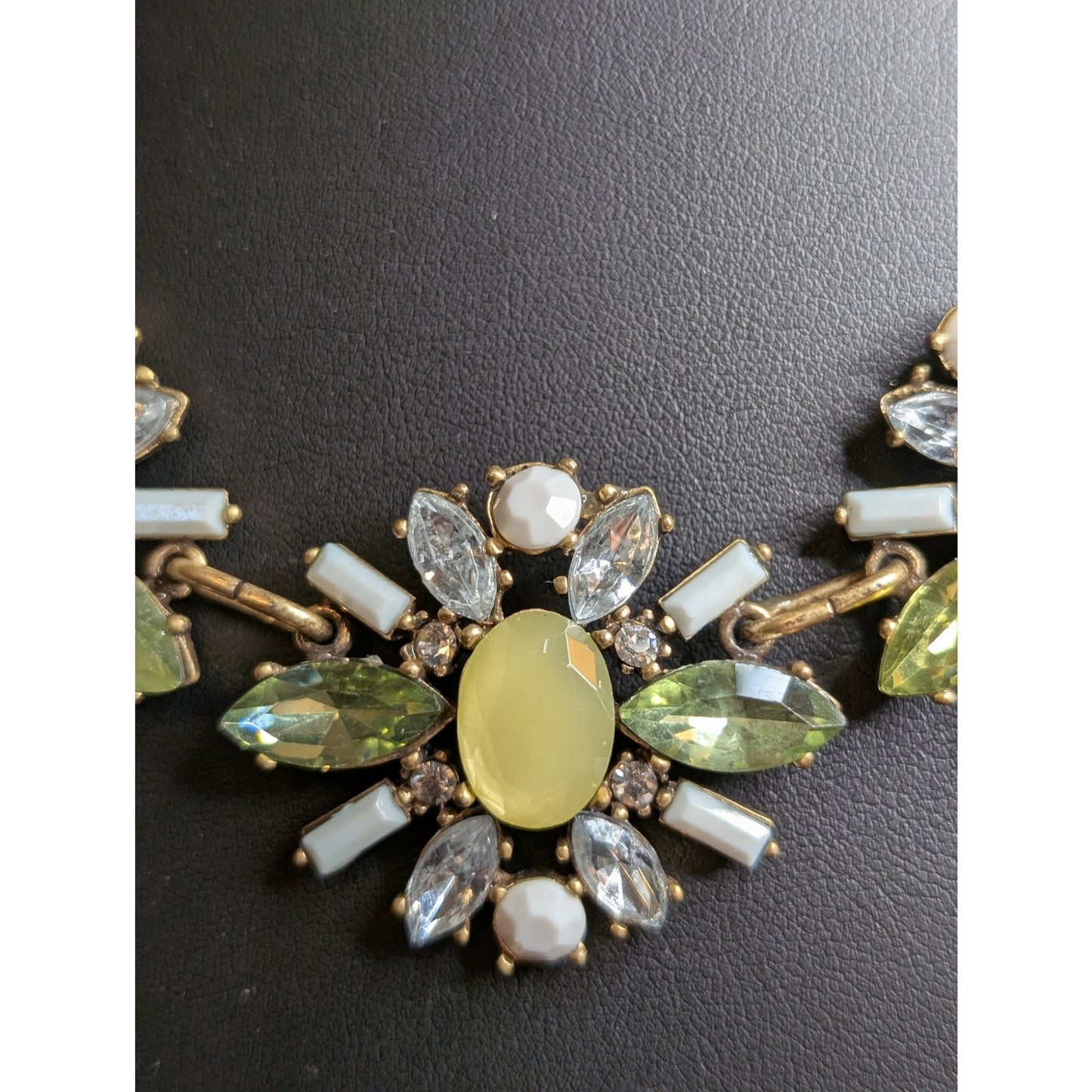 Loft Green Yellow White Rhinestone Floral Gold Tone Chain Bib Statement Necklace