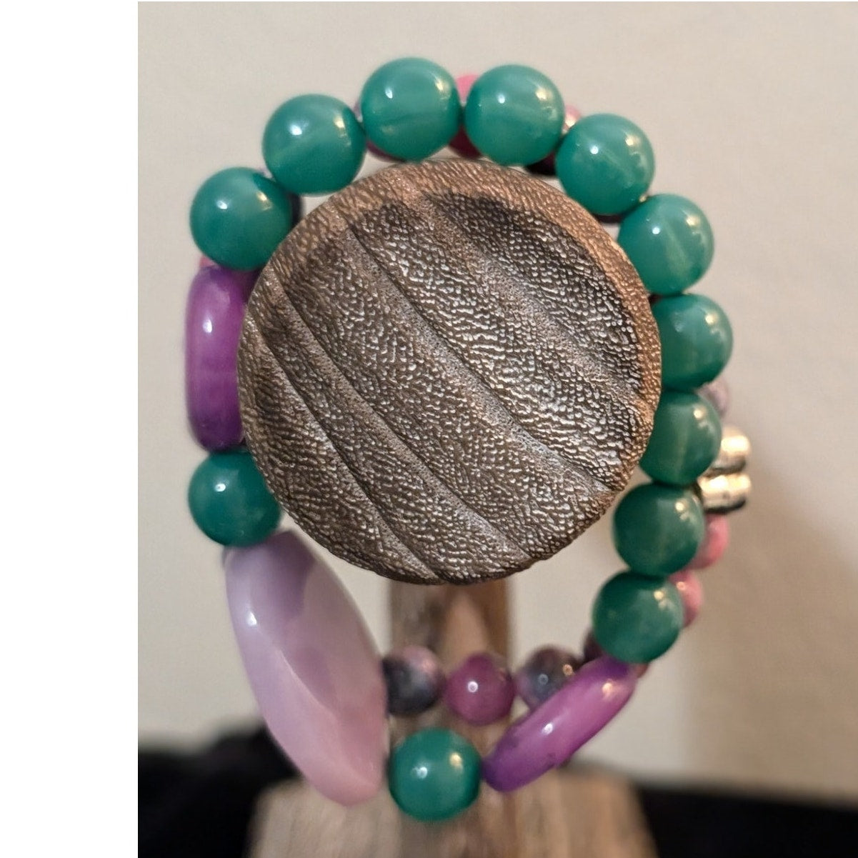 Green Glass Amethyst Bead & Amethyst Heart Bead Stretch Bracelet Lot