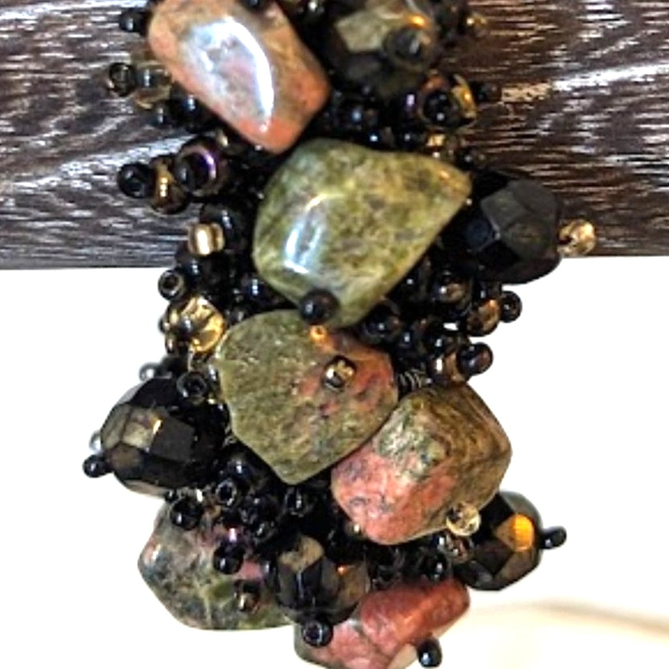 Artist Woven Seed Bead and Unakite Stone Chip Cuff Magnetic Closure Bracelet