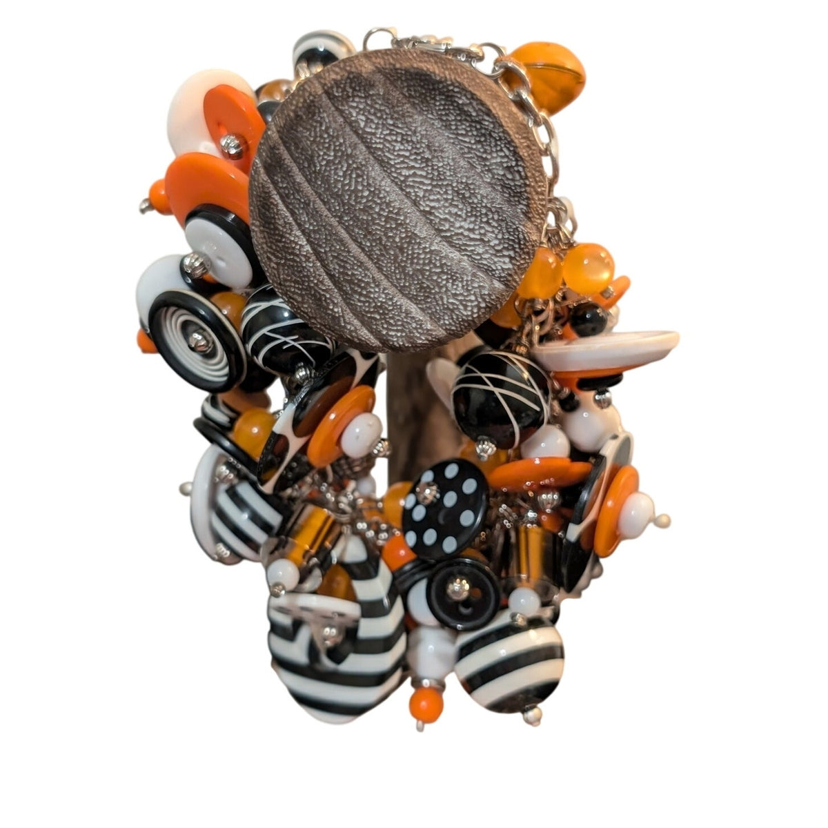 Vintage Artisan OOAK 90s Halloween Button Bead Pumpkin Charm Costume Bracelet