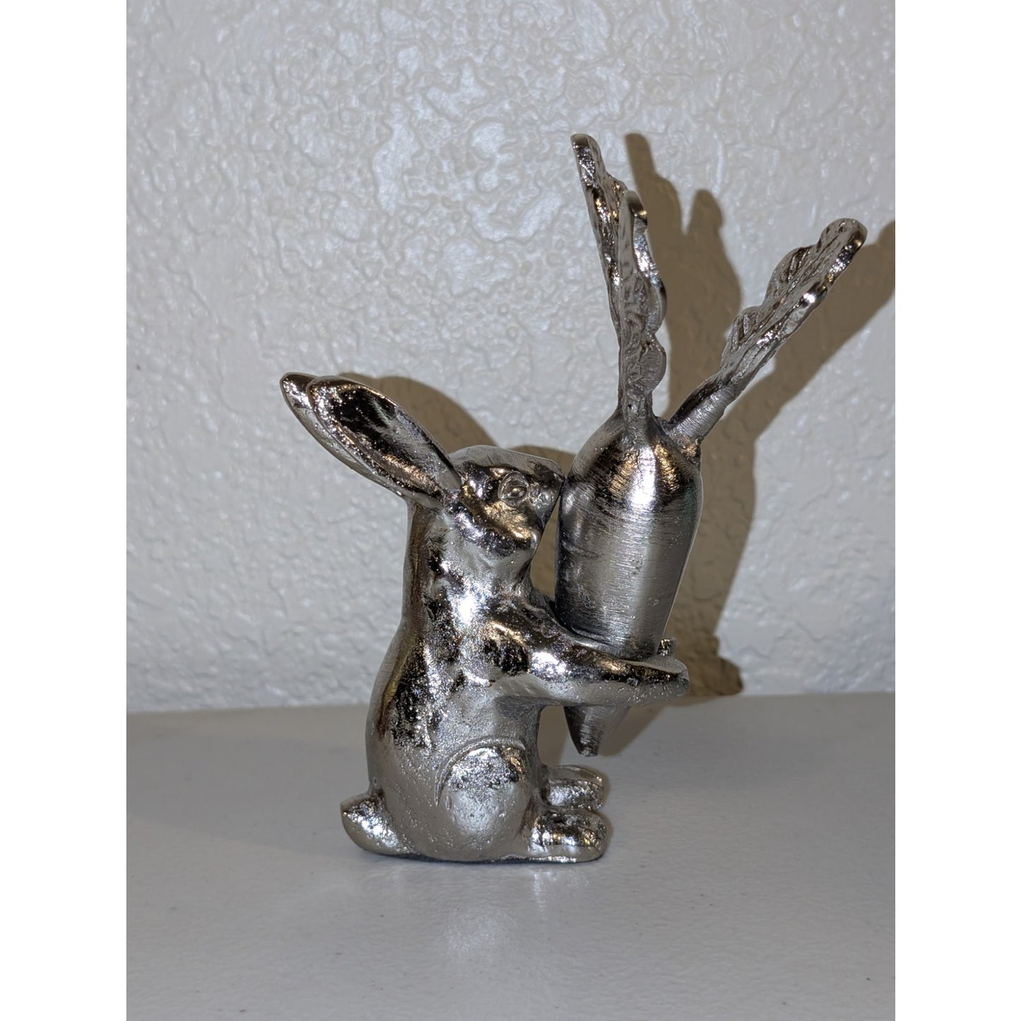 Silver Tone Solid Rabbit Hugging Carrot Figurine 6"