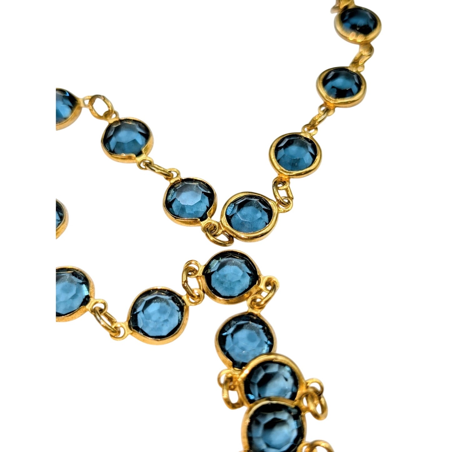 Vintage Austrian Crystal USA Gold Tone Bezel Set Blue Crystal Chain 36" Necklace
