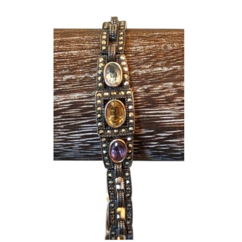 Vtg 7" Sterling Marcasite Amethyst Citrine Blue Topaz Fold Over Clasp Bracelet