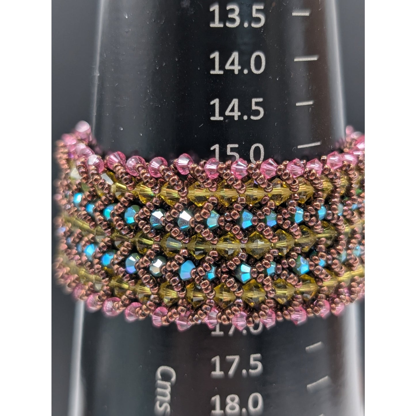 Hand Made Wide Woven Crystal Beaded Bracelet With Unique Slide In Barrel Clasp