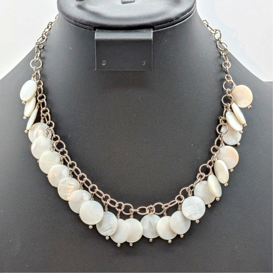 VTG 925 Sterling Silver 18"Chain W/ Mother of Pearl Bead Dangle Collar Necklace