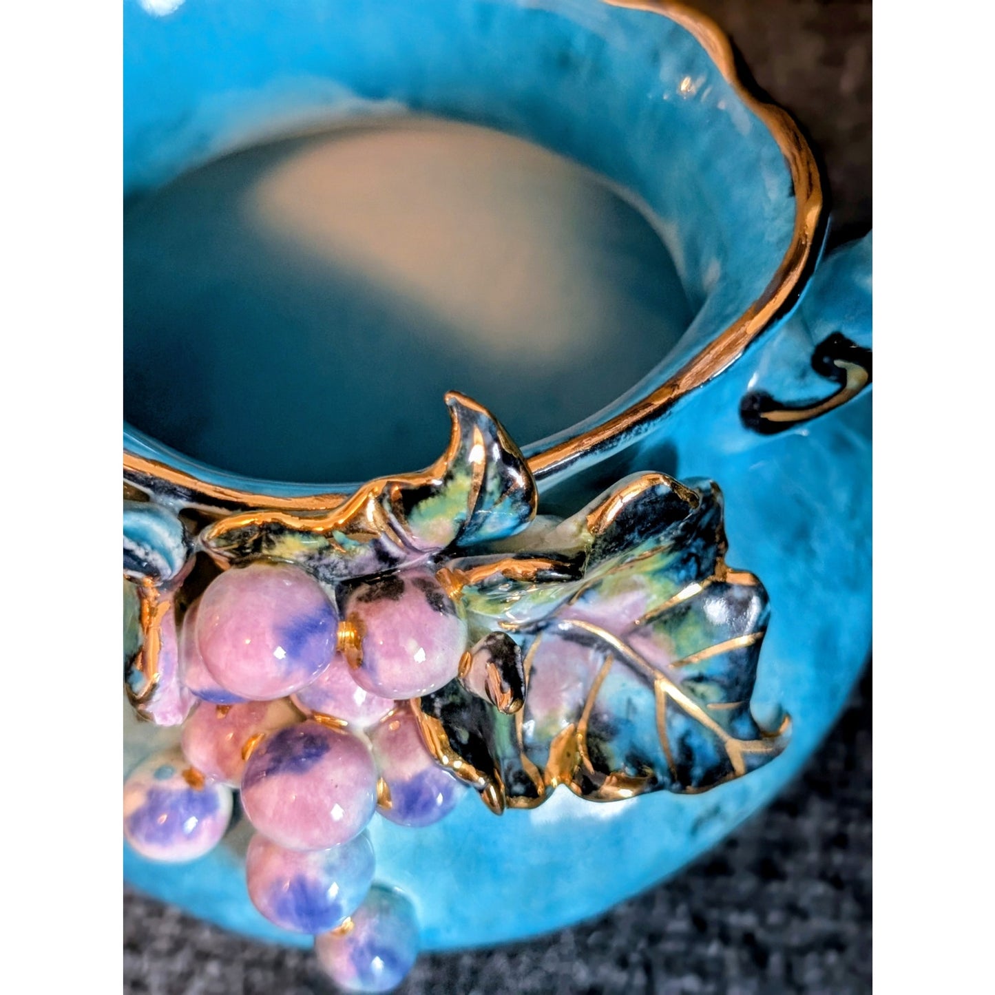 Vintage/Antique Blue Painted Gilt Edge 3D Grape Design Pitcher