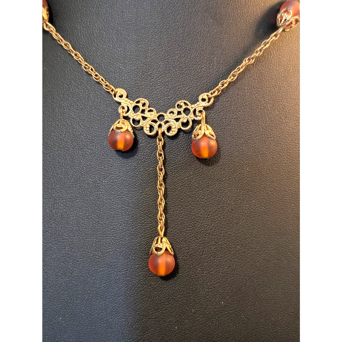 Vintage/Antique Gold Tone Frosted Brown Bead Dangle Chain Hook Clasp Necklace