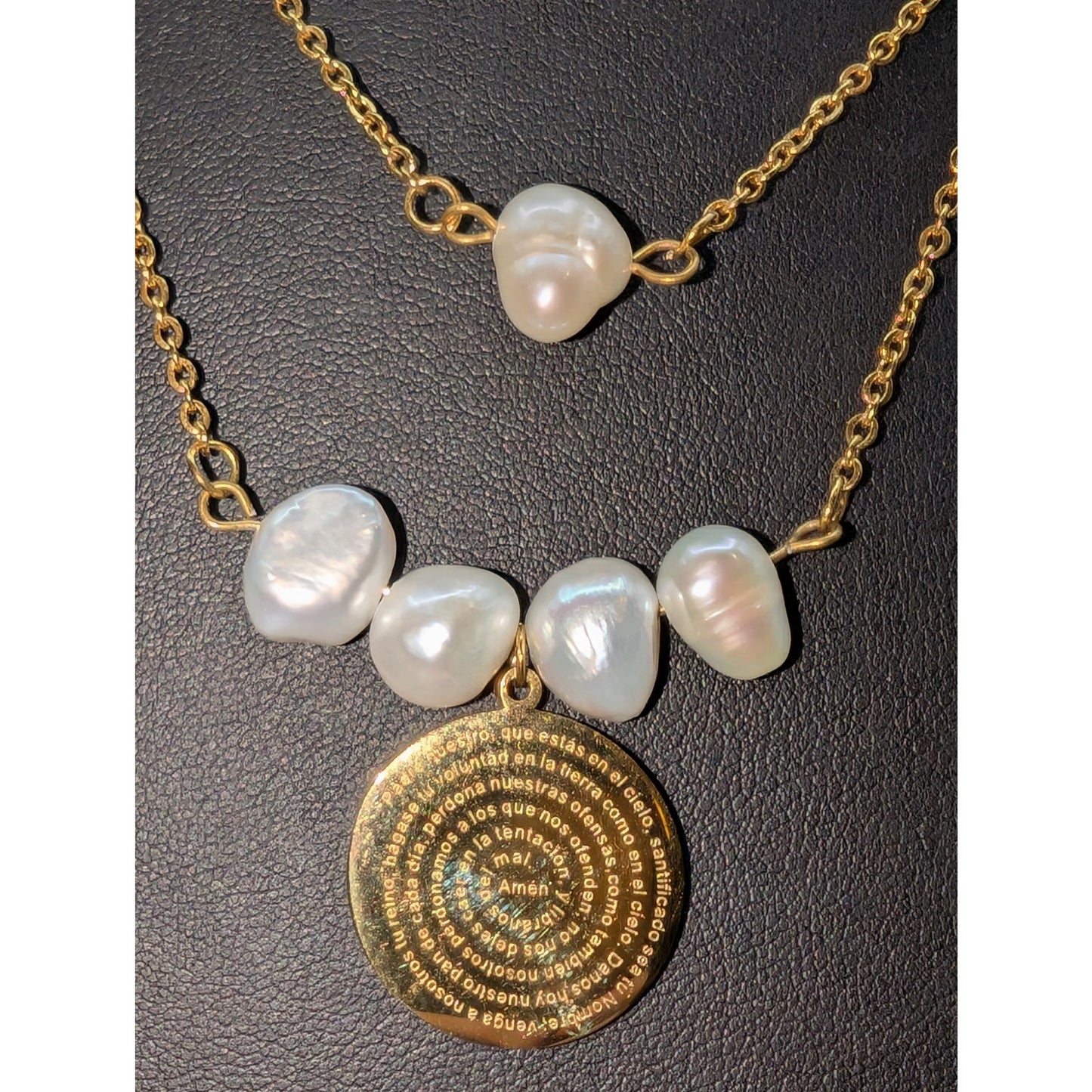 Gold Stainless Steel Pearl Double Strand Spanish 'Our Father' 17.5" Necklace