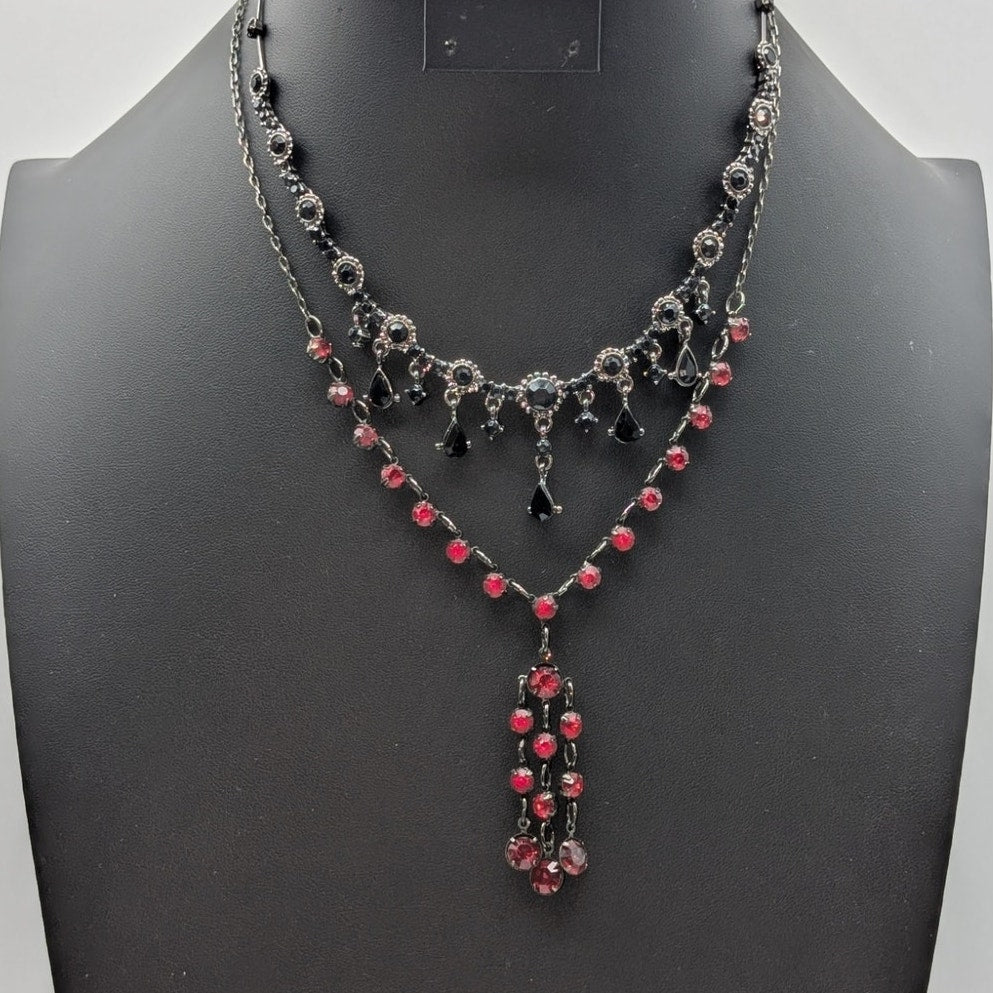 Lot of Two Black Red Crystal Antique Look Necklaces