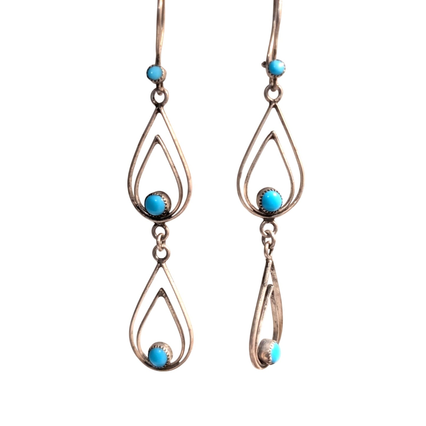 Vintage Petit Point Turquoise 925 Sterling Silver Dangle Kidney Wire Earrings