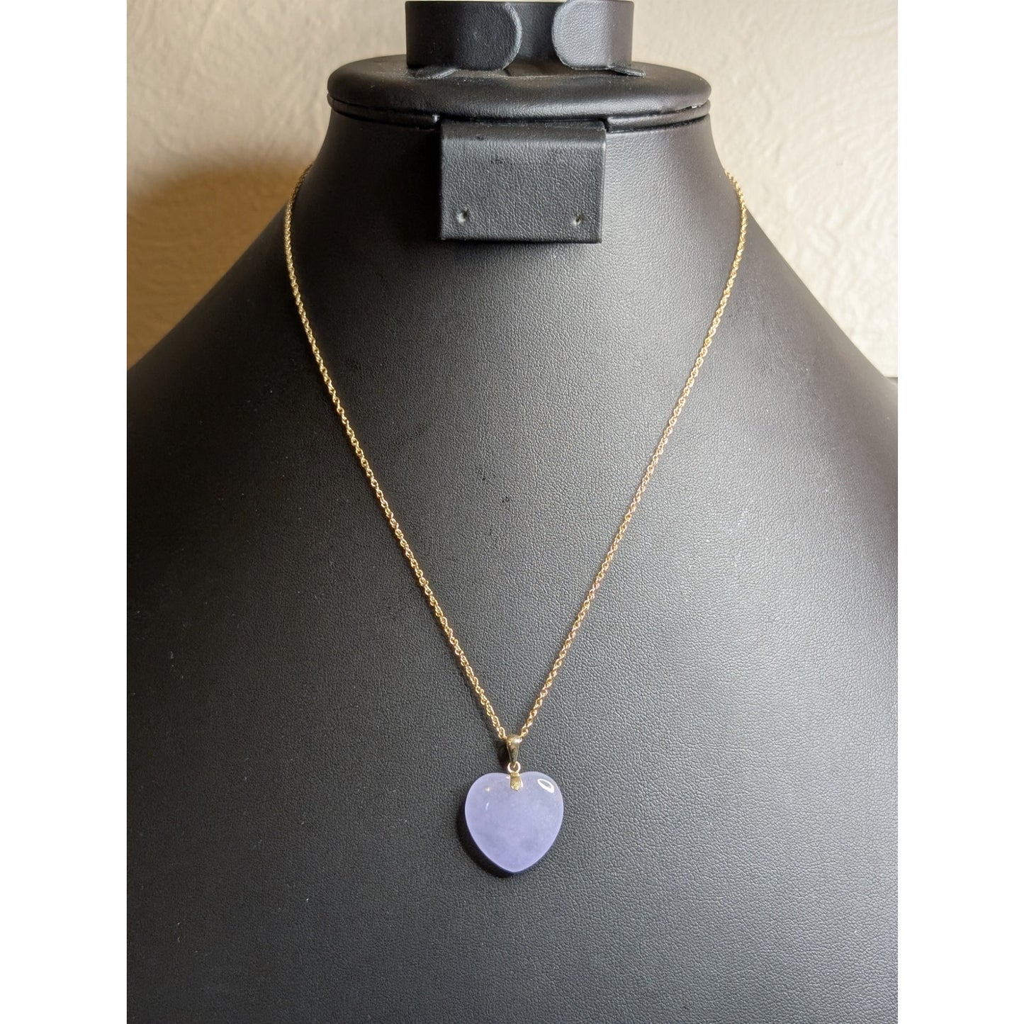 Lavender Jade Heart 14k Yellow Gold Pendant 18" Rope Chain Necklace