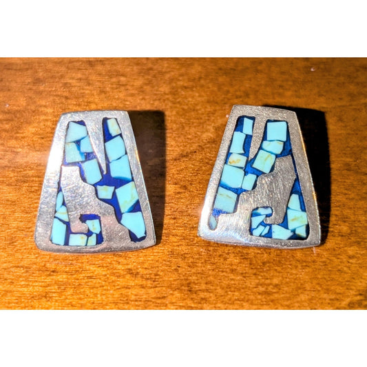 Vintage Taxco Mexico 925 Sterling Silver Turquoise Inlay Post Earrings 9.70g