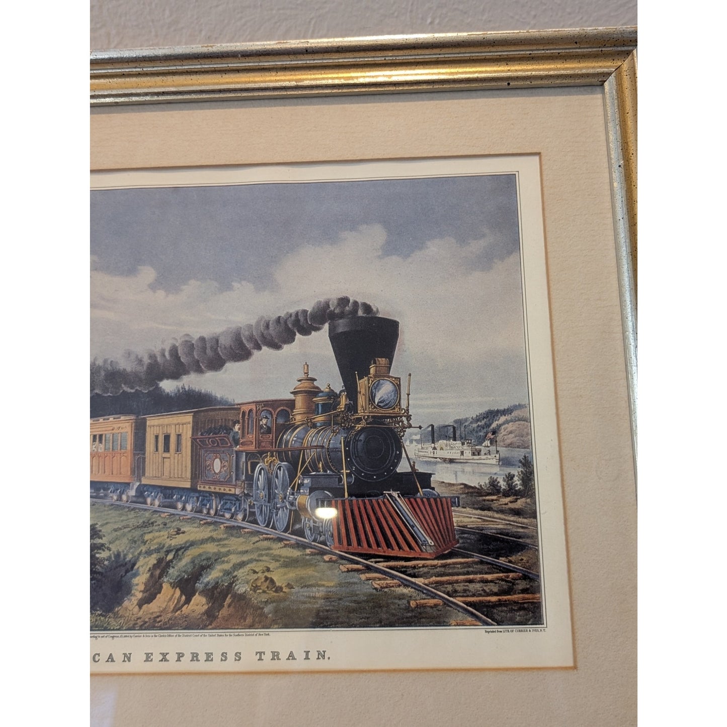 VTG 1884 Framed Currier & Ives Litho Print 'American Express Train' Under Glass