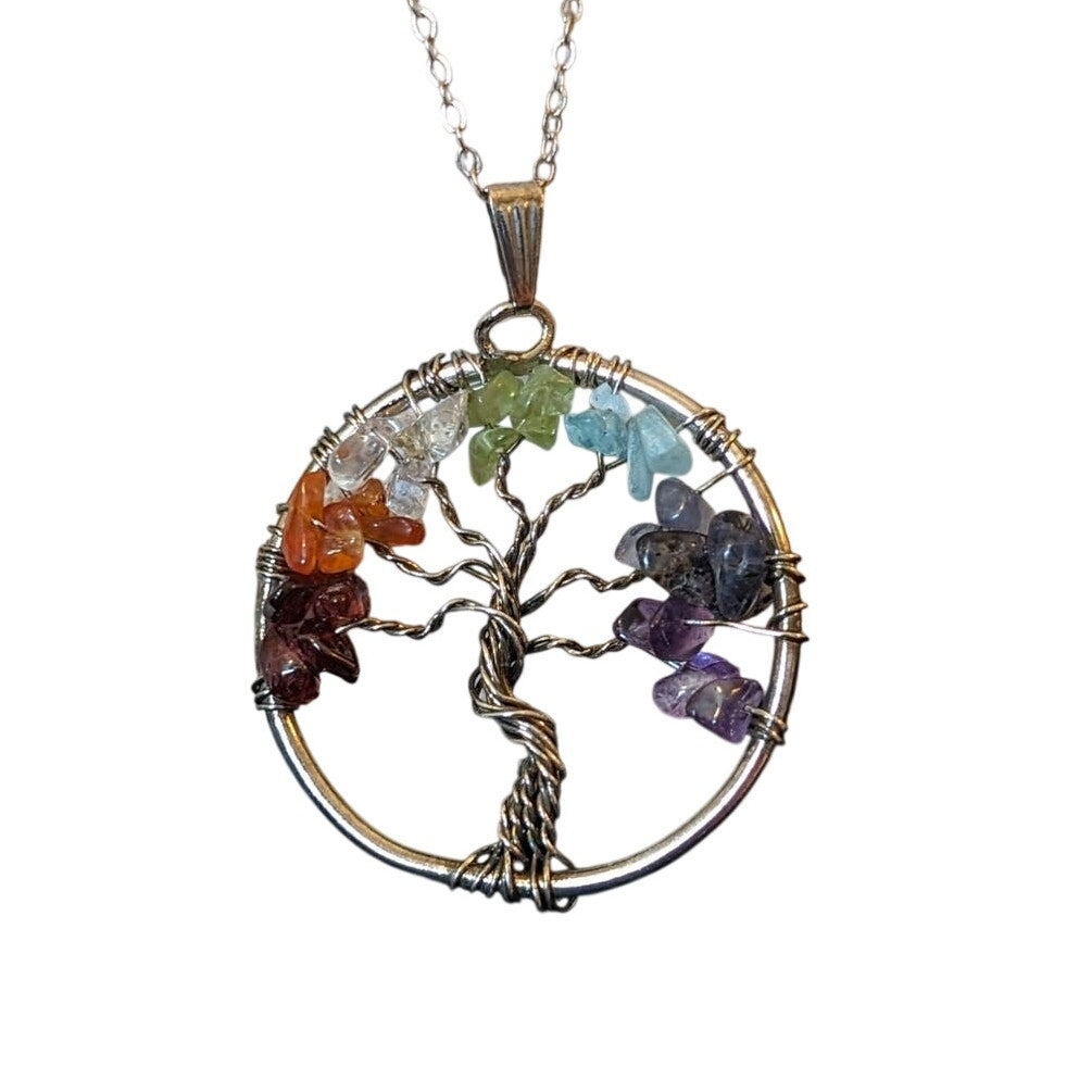 Gemstone Tree of Life Pendant Marked 8KGE on Silver Tone Chain Necklace