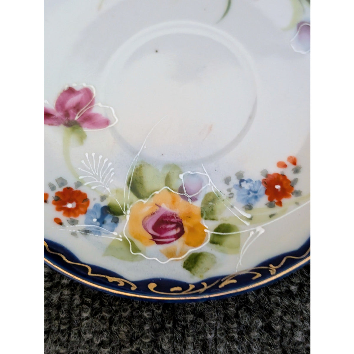 Vintage Nippon Cobalt Blue Cabbage Rose Teapot Two Cups and Two Saucers