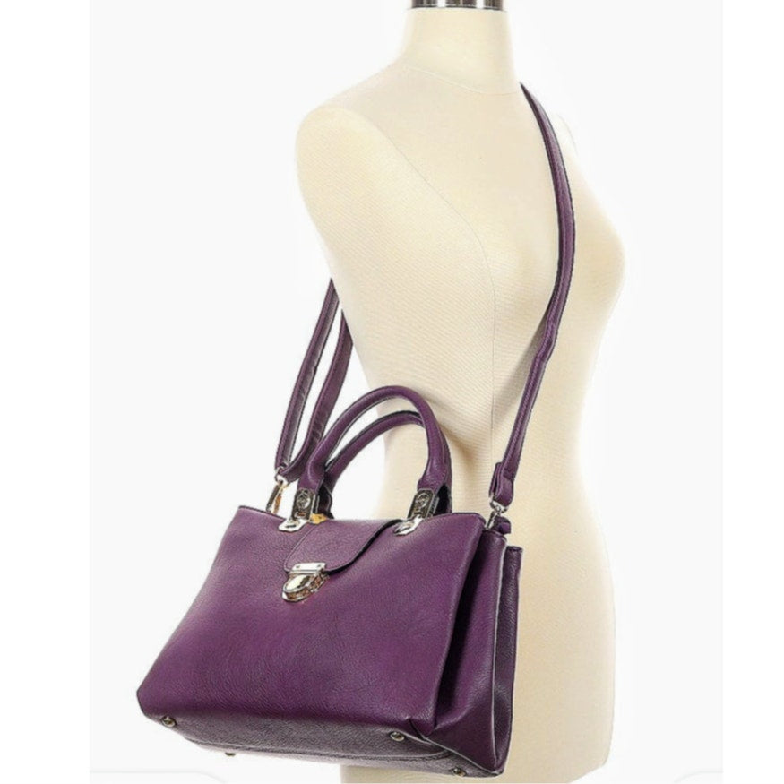 Dasein Purple Leather Gold Tone Metal Three Large Compartment Satchel Handbag