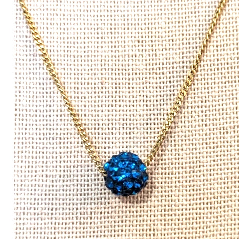 Vintage Galle 18kt GF Blue Pave Crystal Disco Ball Bead 18" Necklace