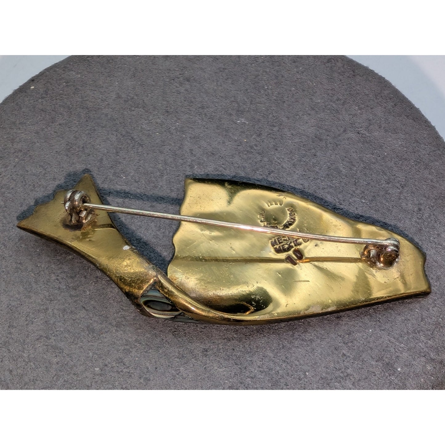 Signed Los Castillo Taxco Mexico Brass & Abalone Fish Shaped Brooch